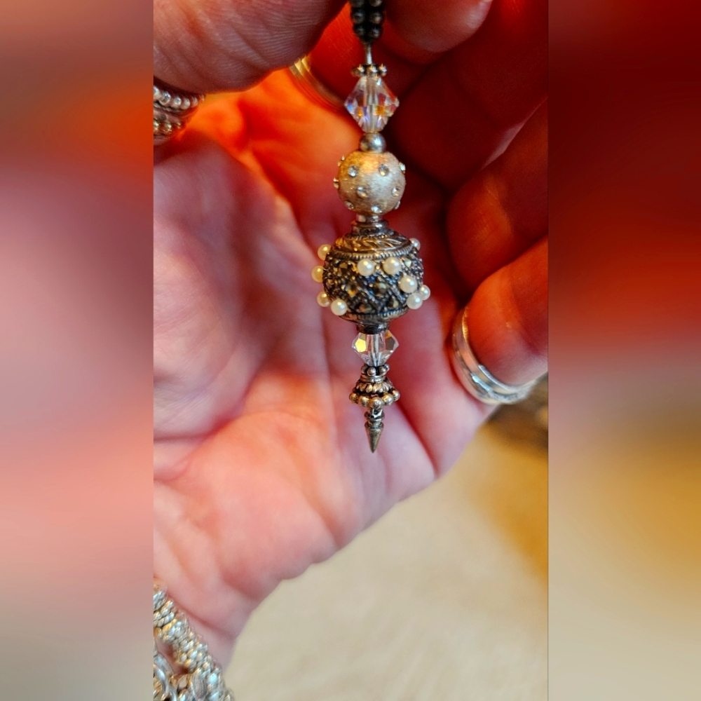STERLING silver, PEARL, Marcasite & SWAROVSKI CRYSTALS PENDANT